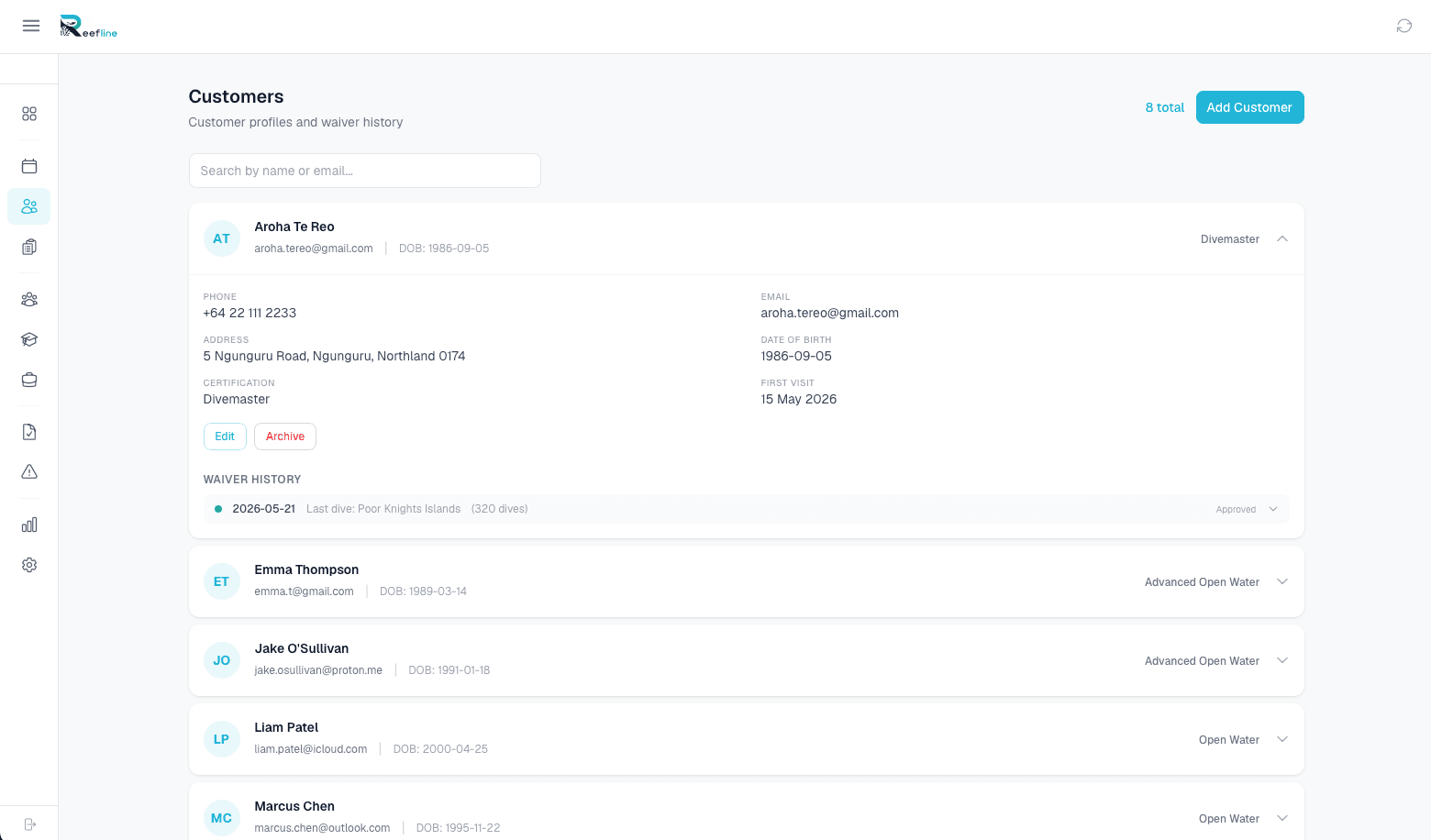 Customer database with linked waivers and dive history
