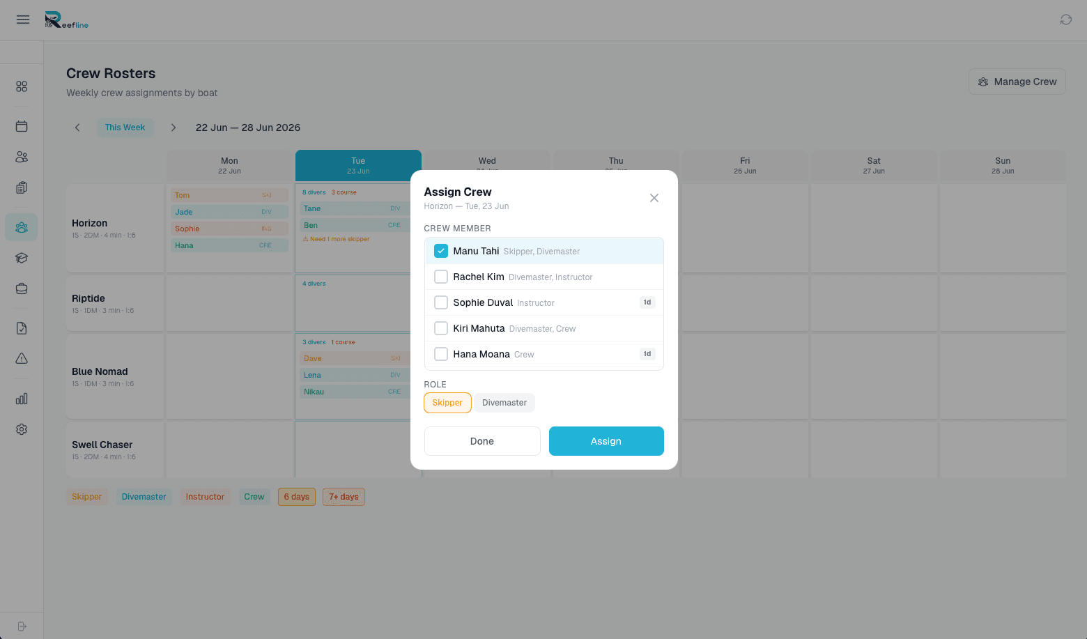 Crew roster weekly view with boat assignments and Assign Crew modal