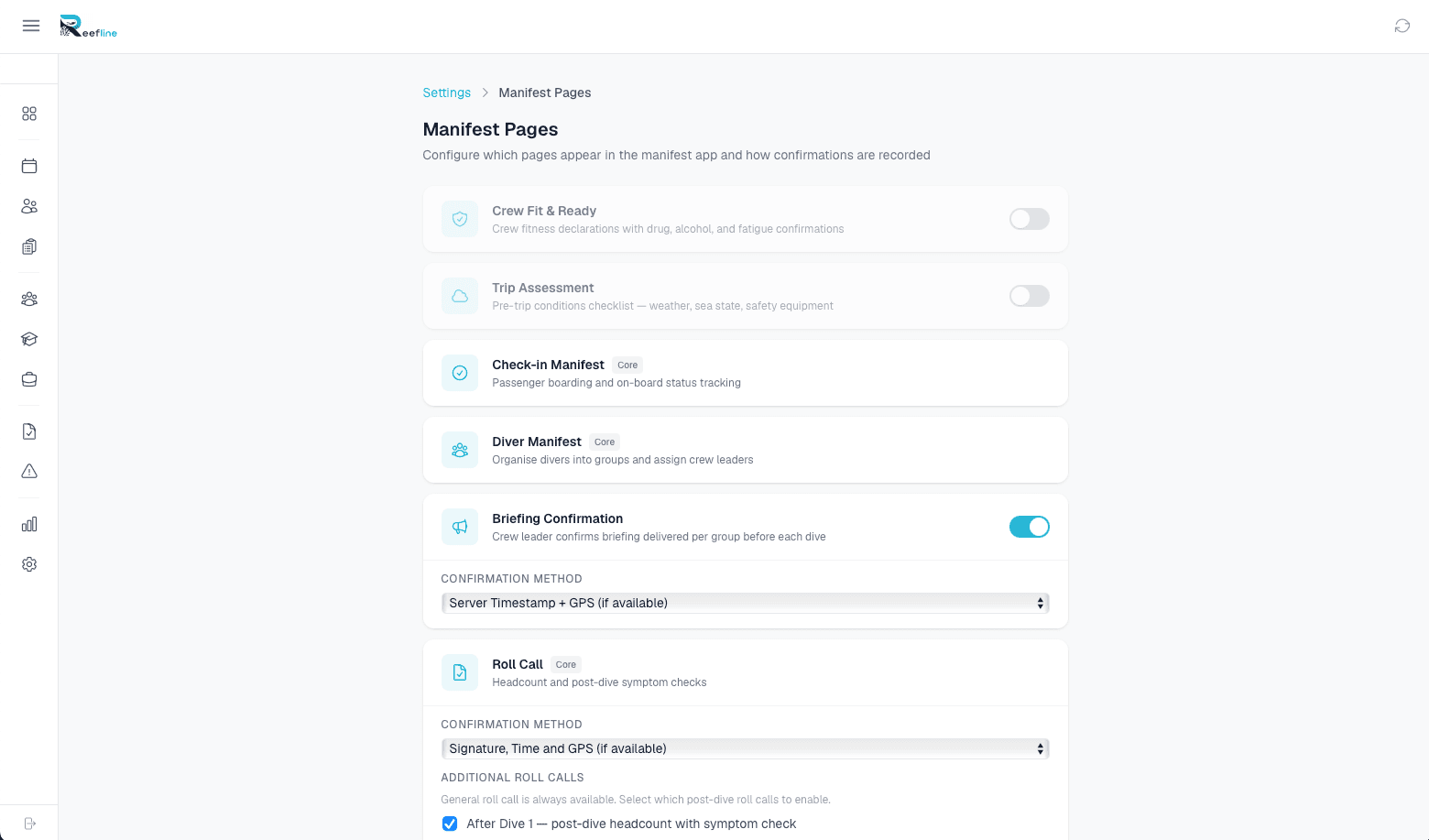 Manifest module settings showing trip types, dive sites, and operational configuration