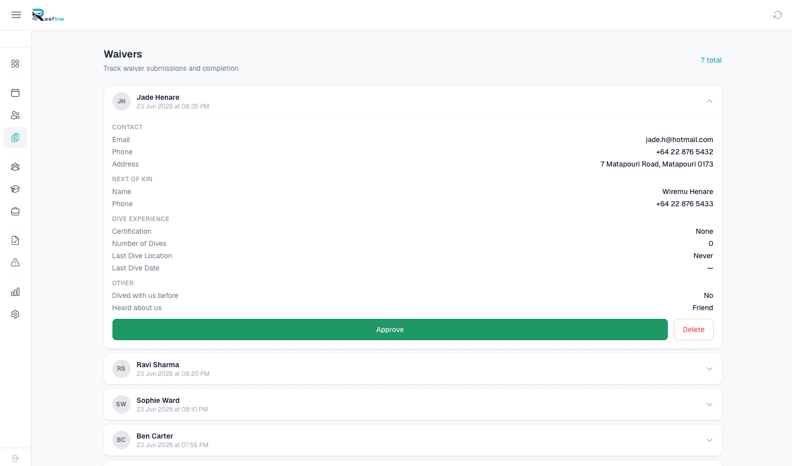Admin panel waiver list showing submitted waivers with customer names, dates, and linked status